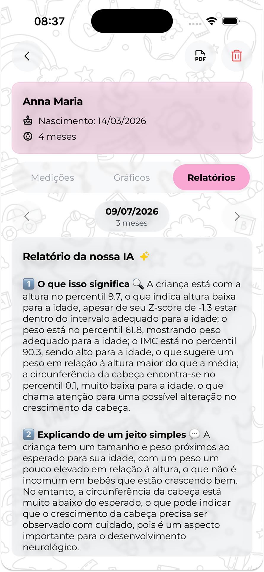 Tela de relatório clínico gerado por IA no Crescimetria